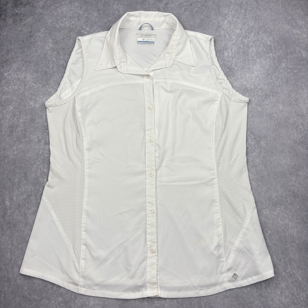 Columbia Shirt Womens XL White Sleeveless Button Down Omni-Shade Hiking Vented